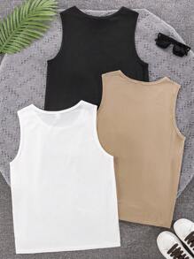 SHEIN 3 stuks/set casual tanktops voor tienerjongens, zwart, koffie, wit, koop er 2 en krijg er 1 gratis, veelzijdig voor dagelijks gebruik, sport, homewear, lente en zomer