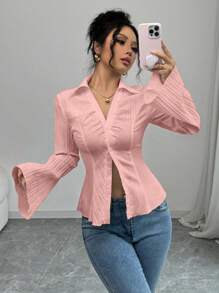 Elenzga 女士白色 V 领衬衫秋季修腰休闲上衣 - 粉色 - 查看 7