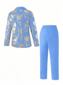 SHEIN Tween Boys' 2pcs Gentleman Suit - Metallic Print Blazer And Solid Color Pants, & Stylish For Birthday Party, Evening Party, Wedding, Wedding Guest, Pageboy, Ring Boy - Mint Blue - View 2