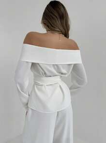 Aloruh 新款春季简约通勤纯白色露肩收腰上衣和直筒裤百搭两件套，适合办公室 - 白色 - 查看 5