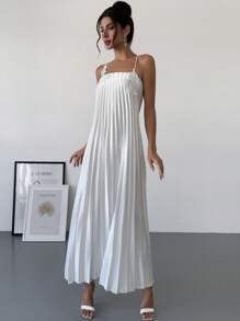 Firerie Women Elegant White Sleeveless Floral Embroidered Pleated Dress, Suitable For Parties And Weddings