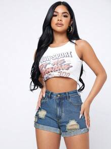 SHEIN Essnce Relaxed Washed Fray Hem Distressed Denim Shorts - Medium Wash - View 6