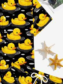 Manfinity RSRT Fashionable Casual & Holiday Style Funny Cartoon Little Yellow Duck All-Over Digital Print Pattern Slim Fit Casual Shirt And Shorts Set For Men, Perfect For Outdoor Holiday, Date, Party, Gift For Boyfriend - Black - View 2