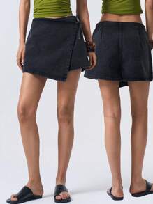 LYSMO Women's Black 2 In 1 Lace Up Denim Shorts