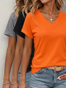 SHEIN LUNE Plus Size Women V-Neck Short Sleeve Casual T-Shirt, Summer - Multicolor - View 3