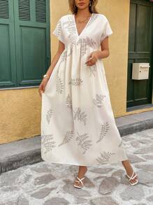 Chiquease Vestido-mono de manga corta estampado con hojas de albaricoque, escote en V, corte holgado, para mujeres en verano - Albaricoque - Ver 5