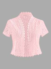 EMERY ROSE Ladies' Summer Solid Color Lace Patchwork Casual Open Front Jacket For Holiday Party Clothes - Pink - View 1