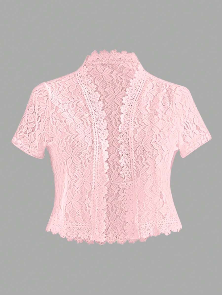 EMERY ROSE Ladies' Summer Solid Color Lace Patchwork Casual Open Front Jacket For Holiday Party Clothes - Pink - View 1