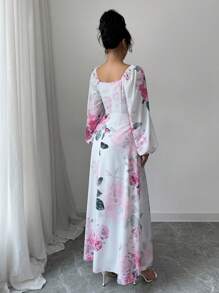 Modelyn 女士优雅花卉印花不对称领灯笼袖连衣裙