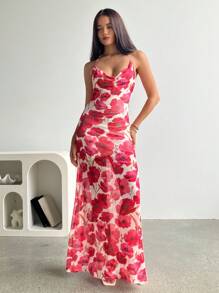 Aloruh Vrouwen Bloemenprint Sexy Rugloze Halter Maxi Strandjurk