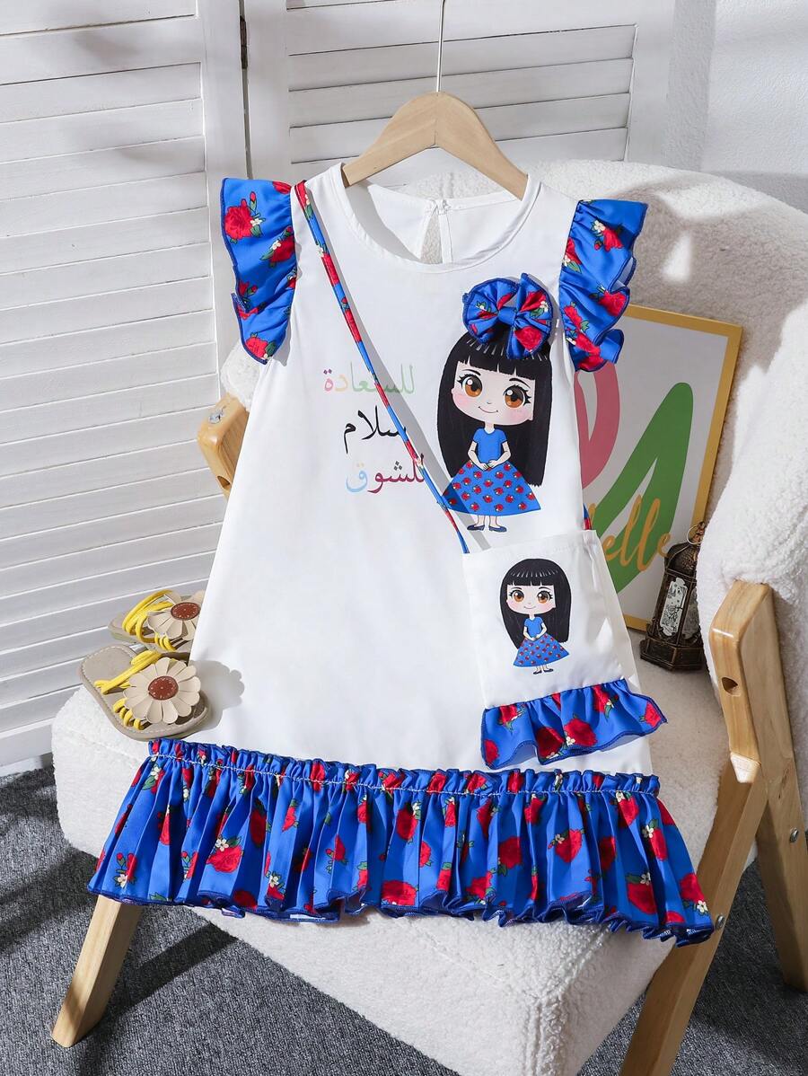 White Summer Fairy Family Matching Cute Pink Ombre Rose Print A-Line Patchwork Ruffle Hem Dress With Bag - Multicolor - View 1