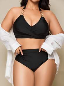 SHEIN Swim Curve Plus Size Women 2 Pieces Neck-Tie Backless Cut-Out High Waist Casual Swimwear