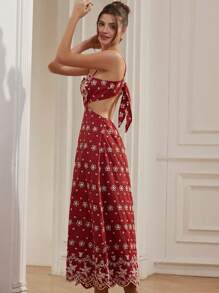 Aveloria Rosie 复古浪漫碎花刺绣镂空系带连衣裙，春夏波西米亚度假时尚风满版印花 - 紅色 - 查看 4