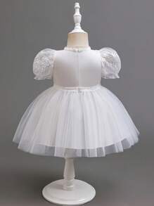 SHEIN Glamorique Kids 女宝宝春夏圆领刺绣荷叶边泡泡袖网眼礼服，公主风格婚礼 - 白色 - 查看 2