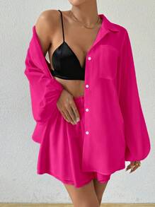 Chiquease 女士休闲纯色灯笼袖上衣和短裤套装 - 玫紅色 - 查看 8