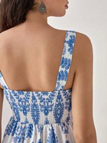 Florisole Blauwe mouwloze vintage printjurk voor dames voor de zomer