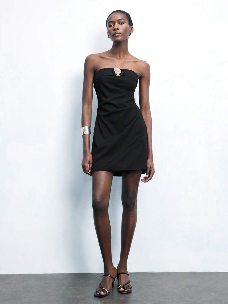 SHEIN Maija Women Fashion Commuter Metal Decor Bandeau Mini Dress, Tube Graduation Dress