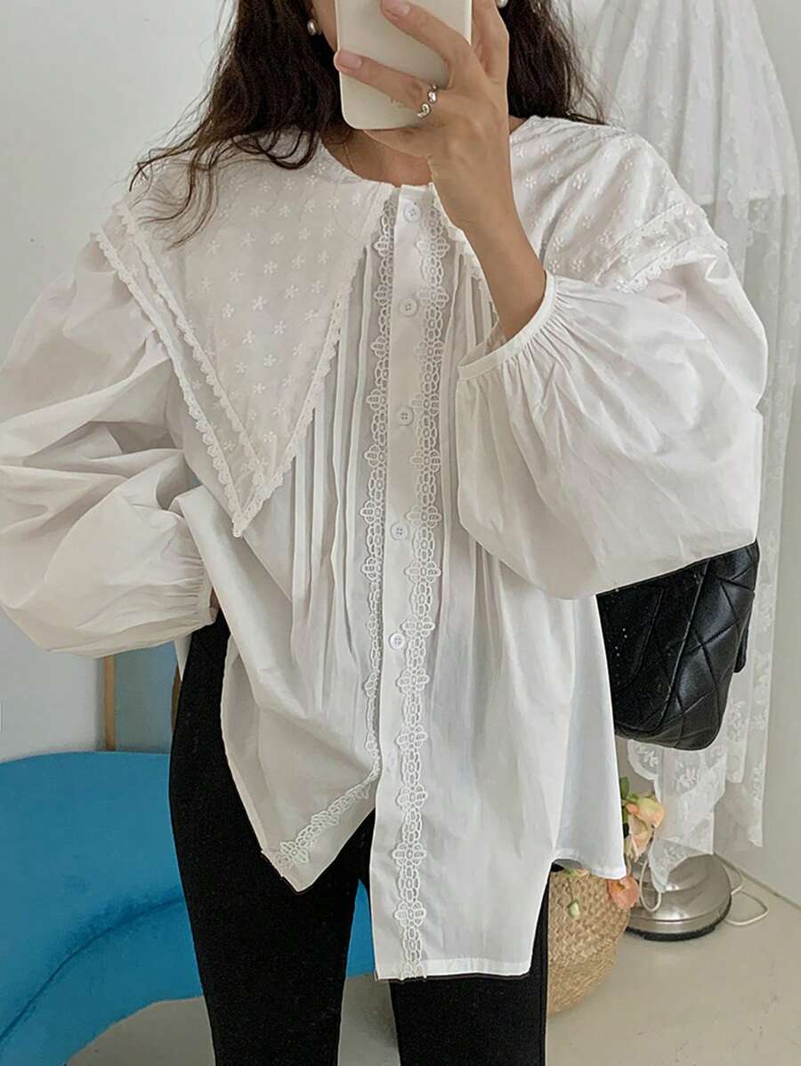 DAZY 女式蕾丝拼布彼得潘领灯笼袖衬衫，秋季女装，返校服长袖上衣 - 白色 - 查看 1
