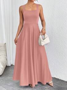 SHEIN Privé 女士纯色方领无袖优雅伞形下摆连衣裙 - 藕粉色 - 查看 6