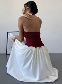 Firerie Women's Elegant Colorblock Halter V-Neck Dress, Suitable For Casual Daily Wear