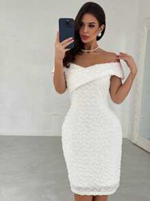 Firerie Women's Elegant Simplistic Romantic Charm Sexy Off Shoulder Textured Tight-Fitting White Mini Dress, Suitable For Wedding Guest, Party, Music Festival, Dates, Vacation And Everyday Wear, Spring/Summer - White - View 7