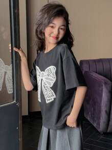 DAZY Tween Girl Round Neck Knit Short Sleeve Butterfly Print T-Shirt, Spring/Summer,Back To School Clothes - Dark Grey - View 4