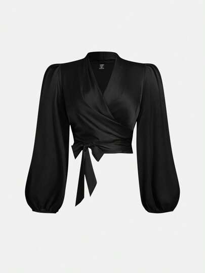 SHEIN MOD Plus Size Women's Black Wrap Tie Bow Lantern Sleeve Shirt Women Blouses Tops Women Blouses Blouses For Women