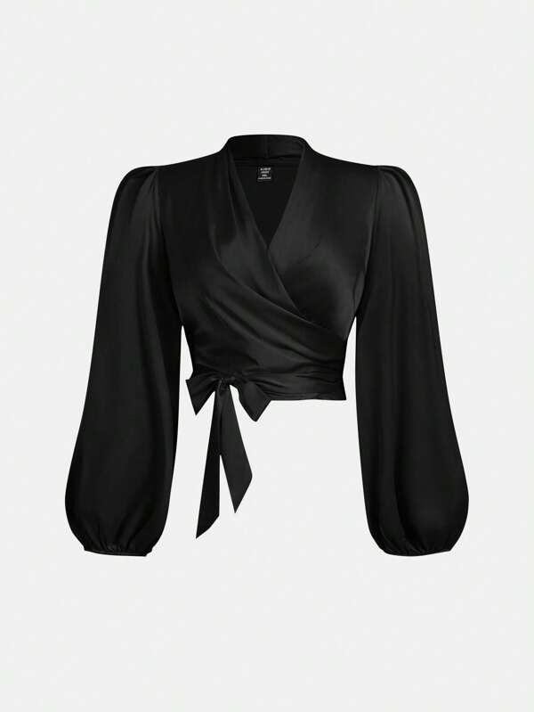 SHEIN MOD Blusa con mangas farol, lazo y envolvente para mujer talla grande, blusas para mujeres