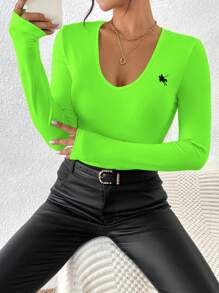 INAWLY Bright Color Women V-Neck Luminous Knight Graphic T-Shirt - Mint Green - View 4