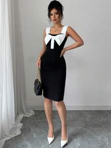 Selianne Đầm bodycon thắt nơ màu tương phản lãng mạn thanh lịch dành cho nữ, thích hợp mặc hàng ngày, đi làm và đi nghỉ - màu đen - Xem 3