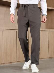 Manfinity Homme Plus Size Men's Solid Color With Pocket Straight Loose Casual Pants - Dark Grey - View 4