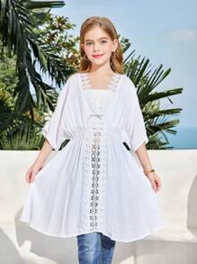 SHEIN Kimono tressé pour préadolescentes avec décoration de sangle, blanc, convenant pour les vacances à la plage et les sorties printanières