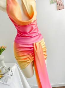 Soleia 女士粉色日落渐变色垂坠领背心和透明渐变色印花裹身裙套装，适合度假、海滩、夏季 - 粉色 - 查看 5