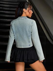 SHEIN ICON Chaqueta corta de mezclilla con cremallera y manga larga, estilo streetwear estadounidense para mujer - Azul - Ver 2