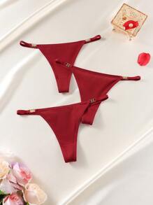 3pcs Women's Plain Metal Decor Minimalist Sexy G-Strings Casual - Burgundy - View 4