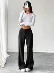 SHEIN PETITE Women's Striped Straight Loose Casual Pants, Versatile - Black - View 4