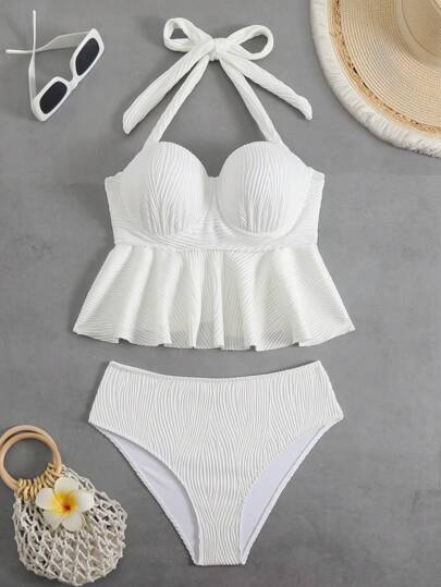 SHEIN Swim Conjunto de 2 piezas de ropa de playa para mujer de estilo primaveral y vacaciones: Top de cuello halter con volantes y lazo en la espalda + Bottom de cintura alta de color liso, estilo tankini de festival bohemio