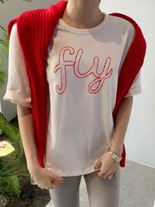 女士刺绣拼布撞色圆领宽松T恤，图案T恤 - 白色 - 查看 4