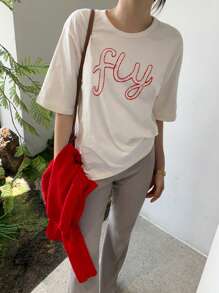 女士刺绣拼布撞色圆领宽松T恤，图案T恤 - 白色 - 查看 7