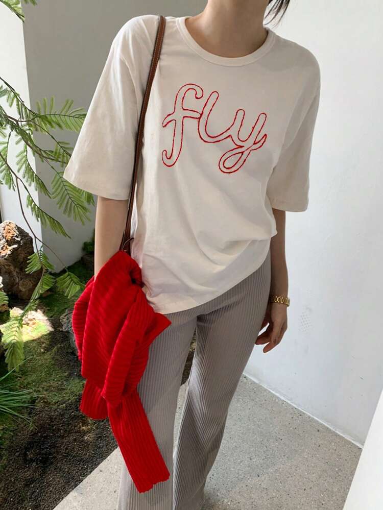 Women Embroidery Patchwork Contrast Color Round Neck Loose T-Shirt,Graphic Tees