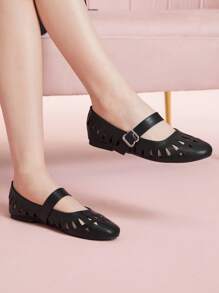 CUCCOO DOLLMOD 女士简约纽扣镂空舒适纯色休闲黑色平底鞋 - 黑色 - 查看 1