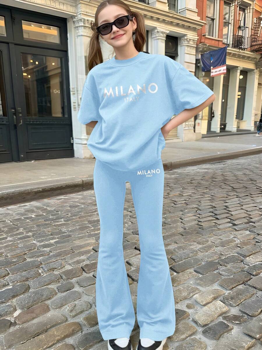 SHEIN Leap Crew 青少年女孩休闲简约长袖两件套，适合秋冬季 - 藍色 - 查看 1