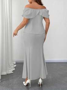 Flirla Bộ 2 món trang trí hoa hở vai cỡ lớn cho nữ và chân váy viền cao thấp thanh lịch - Xám - Xem 2