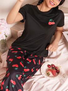 Cherry Print Round Neck Short Sleeve Long Pants Women Pajama Set
