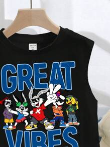 小男孩休闲简约字母印花无袖背心，适合夏季