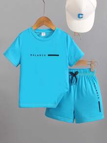 SHEIN Streecool Kids Young Boy Letter Printed Short Sleeve T-Shirt And Shorts Two-Piece Set, School, Campus, College - Blue - View 5