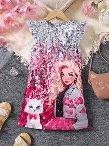 SHEIN Young Girl Casual Unicorn Pattern Dress, Versatile For Outdoor, School, Home & Party Wear, Suitable For 4-7 Years Old, Spring/Summer/Autumn - Multicolor - View 1