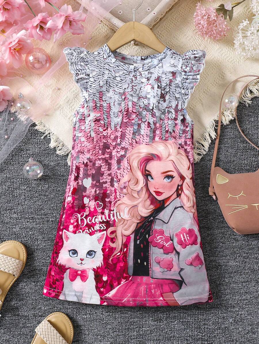 SHEIN Young Girl Casual Unicorn Pattern Dress, Versatile For Outdoor, School, Home & Party Wear, Suitable For 4-7 Years Old, Spring/Summer/Autumn - Multicolor - View 1