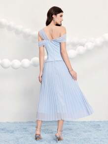 Poshira 女士不对称领口提花编织褶皱腰鸡尾酒会礼服、婚礼宾客礼服、音乐节春夏优雅礼服派对礼服、正式礼服、舞会礼服 - 藍色 - 查看 2