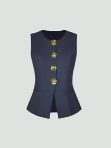 Sweetra Women's Elegant Luxury Style Decorated Button Cardigan Vest + Pleated Mini Skirt 2 Pieces Suit Set For Party Y2K Outfit  - Baby Blue - View 3